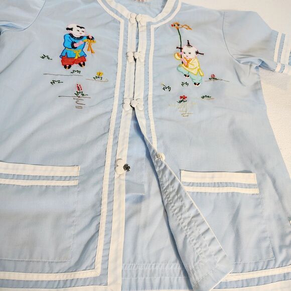 Vtg Asian Plum Blossoms Blue Chinese Embroidered 2 Piece Outfit Set Sz 10 - Picture 2 of 8